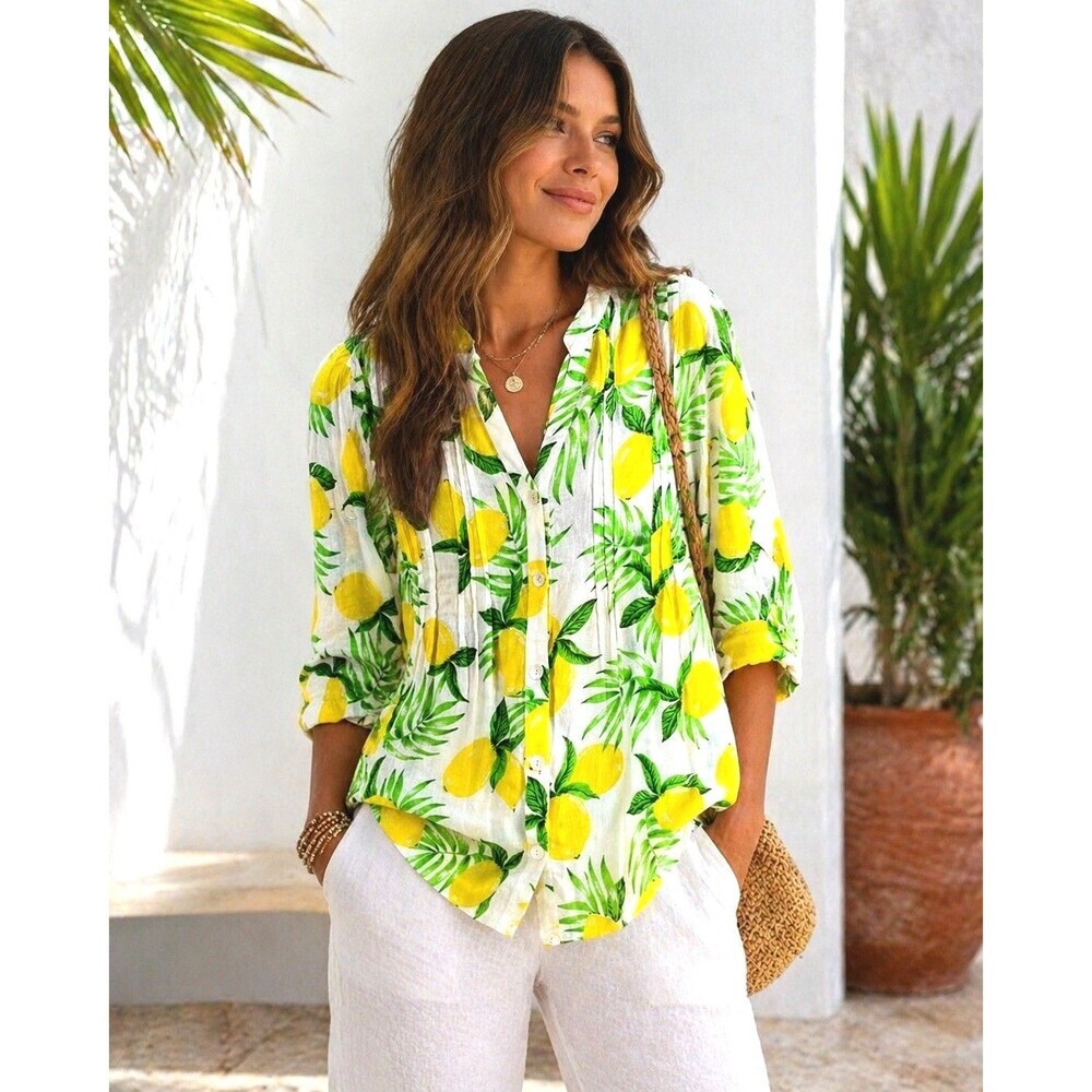 Lemon Print Cotton Blouse Tropical Summer Button Shirt Boho Resort Medium